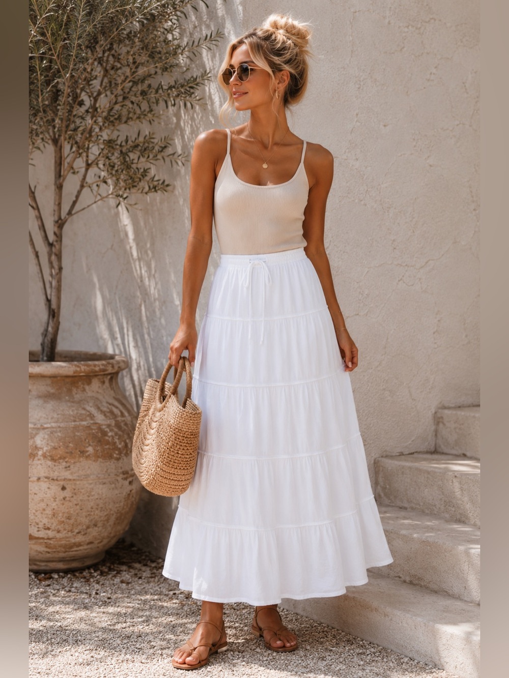 Elie Tahari White Tiered Drawstring Maxi Skirt NWT Medium Lined Effortless Style